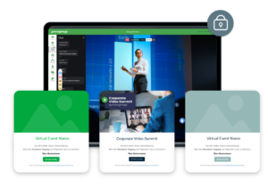 Plattform für virtuelle Veranstaltungen mit Optionen für kontrollierten Zugang wie Gästelisten, Passwörter oder SSO für sichere Firmen-Events.